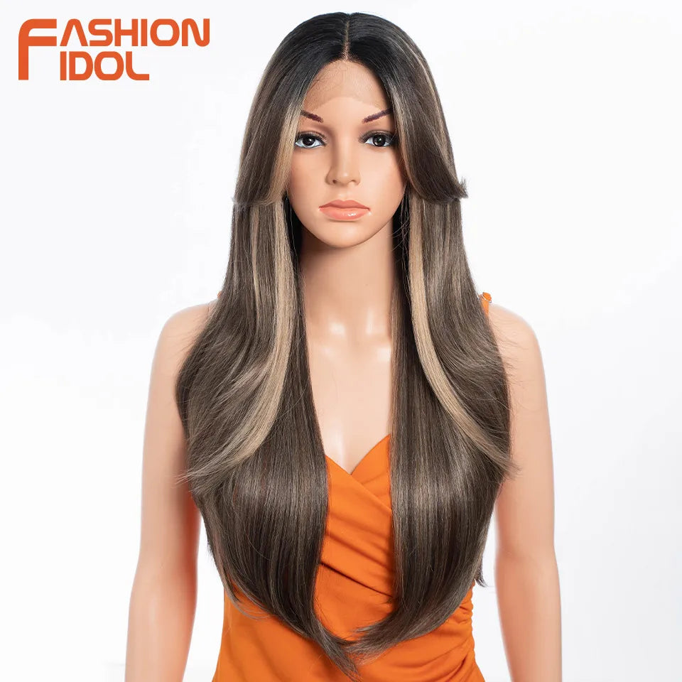 FASHION IDOL 26 Inch Long Straight Lace Front Wig With Bangs Synthetic Hair Ombre Black Blonde Highlight Cosplay Wigs For Women