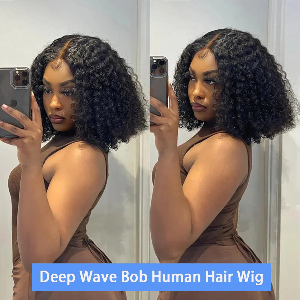 13X4 Water Wave Lace Front Wig Short Curly Bob Wig Pre Plucked 250% Density Deep Wave 100% Virgin Human Hair for Women 10 Inch