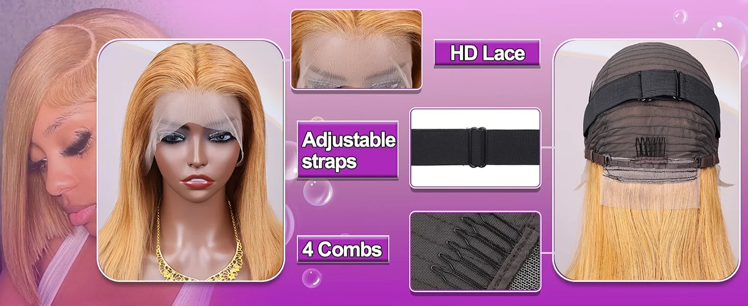 #30 Honey Blonde Human Hair Wig Straight Bob Wig 100% Human Hair Pre Plucked 200 Density Short Gold Wig 13x4 Hd Lace Front Wig