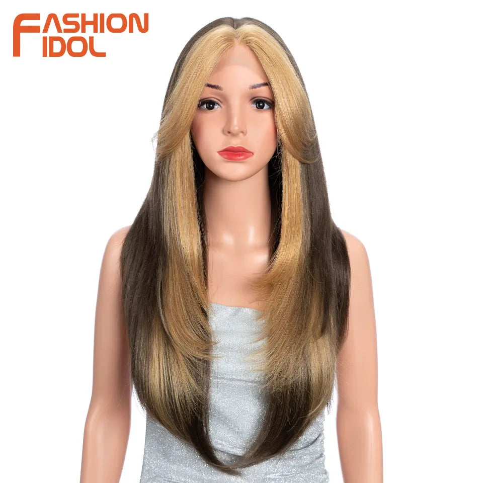 FASHION IDOL 26 Inch Long Straight Lace Front Wig With Bangs Synthetic Hair Ombre Black Blonde Highlight Cosplay Wigs For Women