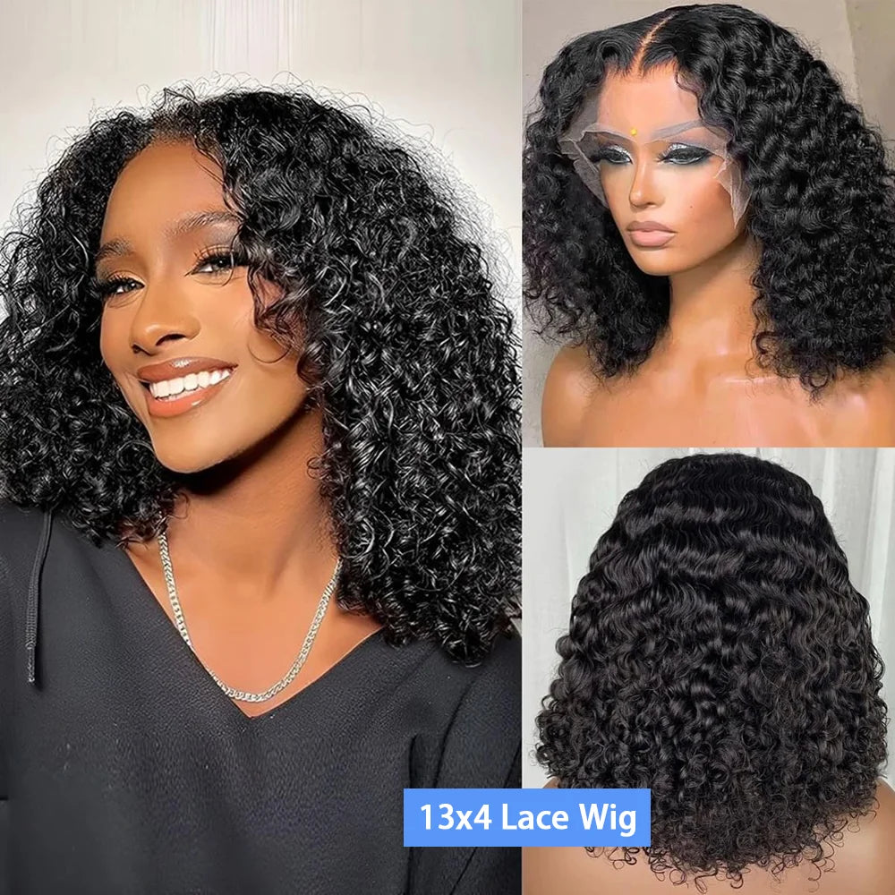 13X4 Water Wave Lace Front Wig Short Curly Bob Wig Pre Plucked 250% Density Deep Wave 100% Virgin Human Hair for Women 10 Inch