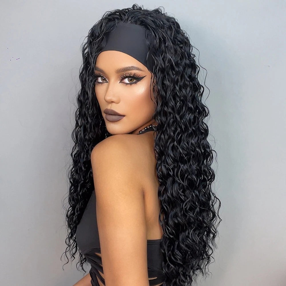 Curly Headband Synthetic Wigs Natural Black Long Women's Headband Wig Deep Water Wave Bohemian Hair For Black Women Fake Hair