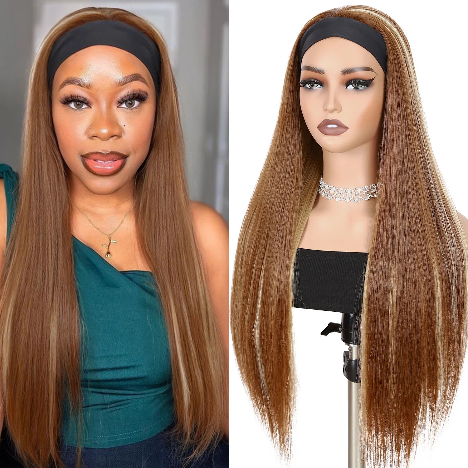 WIGNEE Long Straight Headband Wig Synthetic Wigs for Women Glueless Highlight Wig with Headband Easy to Wear Black Wig Daily Use