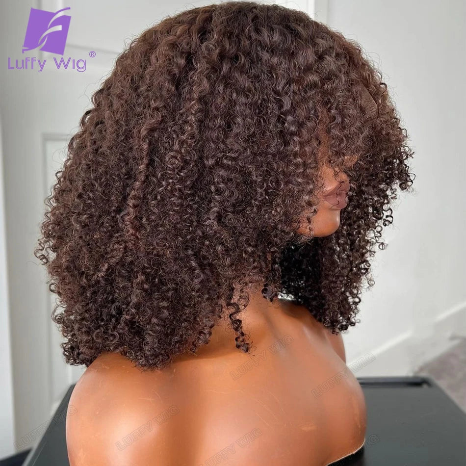 Dark Brown Human Hair Wigs Bob Afro Kinky Curly Wig with Bangs Human Hair Brazilian Full Machine Made Pu Scalp Top Wig Colored