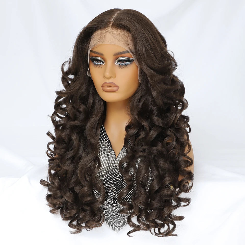 Latisha HD Synthetic Lace Front Wigs Curly Pre Plucked Lace Frontal Wig with Bangs for Women Highlight with Babyhair 24Inch