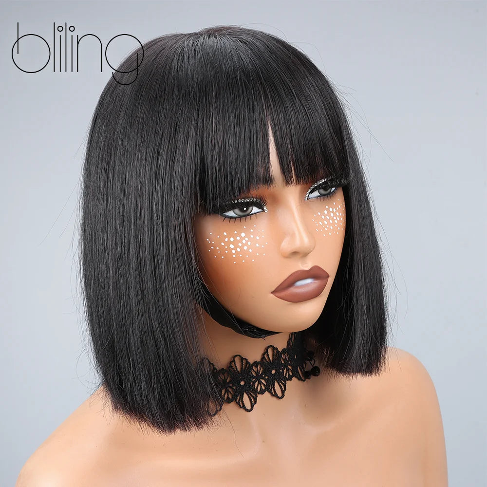 200% Human Hair Wig With Bang Natural Glueless Straight Layered Bob Hairstyle 1X13 Transparent Lace Black for Women 10 Inch