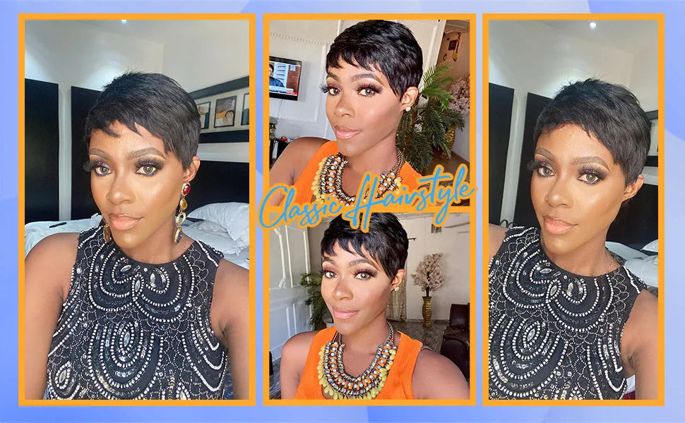 Wear and Go Wig Pixie Cut Human Hair Wigs for Black Women None Lace Front Wig Short Layered Wigs with Bangs for Daily Wear