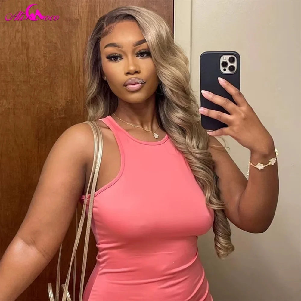 13X6 Ombre Blonde Colored Frontal Wig Human Hair for Women Transparent 13X6 Lace Front Human Hair Wig with Dark Root Pre Plucked