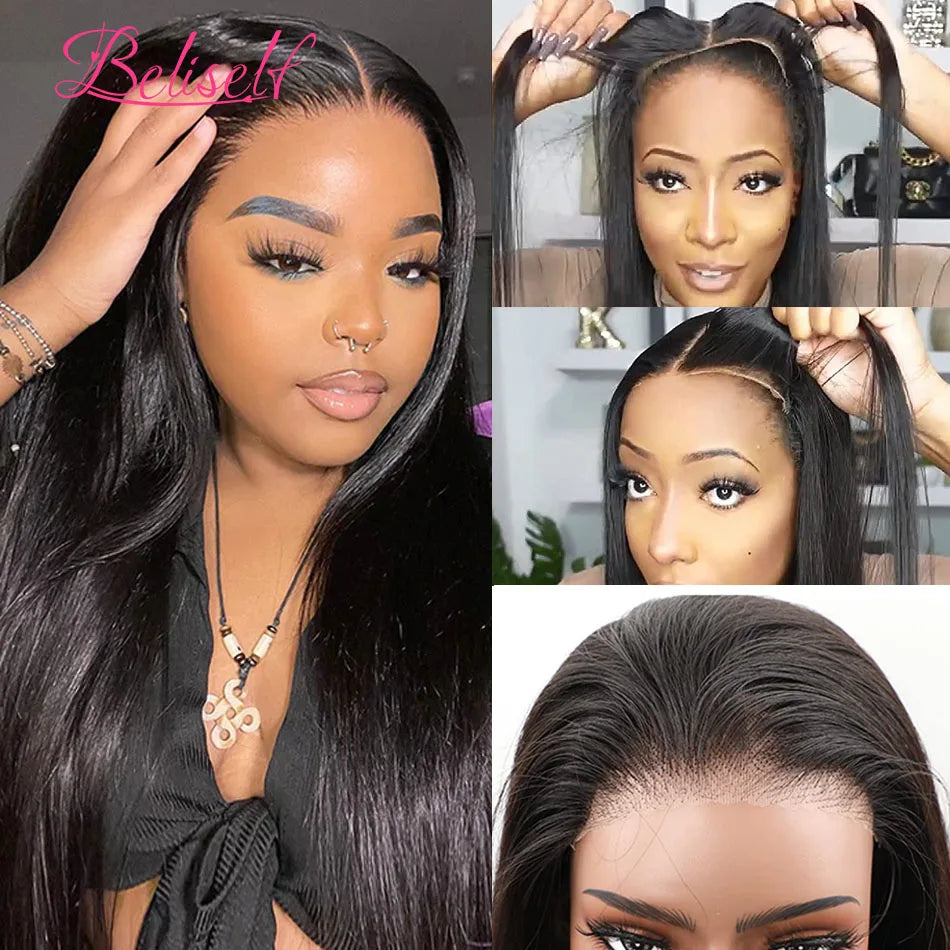 Beliself Glueless Human Hair Wig Straight 13x6 HD Lace Frontal Wig Pull Go Glueless Wig Human Hair with Elastic Drawstring