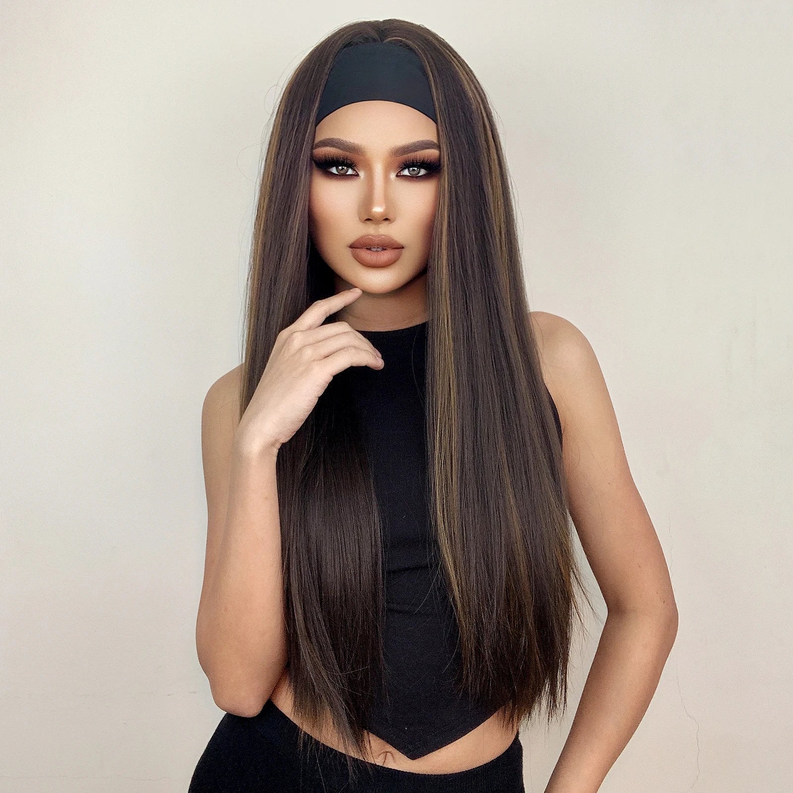 HENRY MARGU Women's Headband Wig Synthetic Hair Long Straight Brown Gloden Highlight Glueless Wigs for Black Women Machine Made