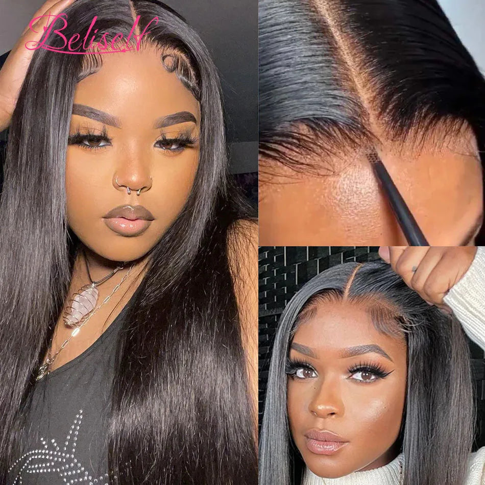Beliself Glueless Human Hair Wig Straight 13x6 HD Lace Frontal Wig Pull Go Glueless Wig Human Hair with Elastic Drawstring