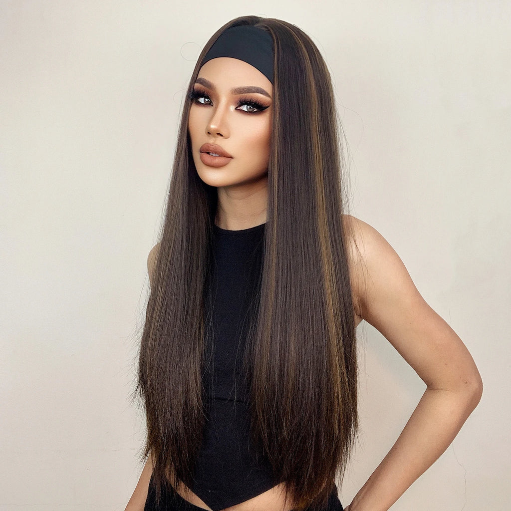HENRY MARGU Women's Headband Wig Synthetic Hair Long Straight Brown Gloden Highlight Glueless Wigs for Black Women Machine Made