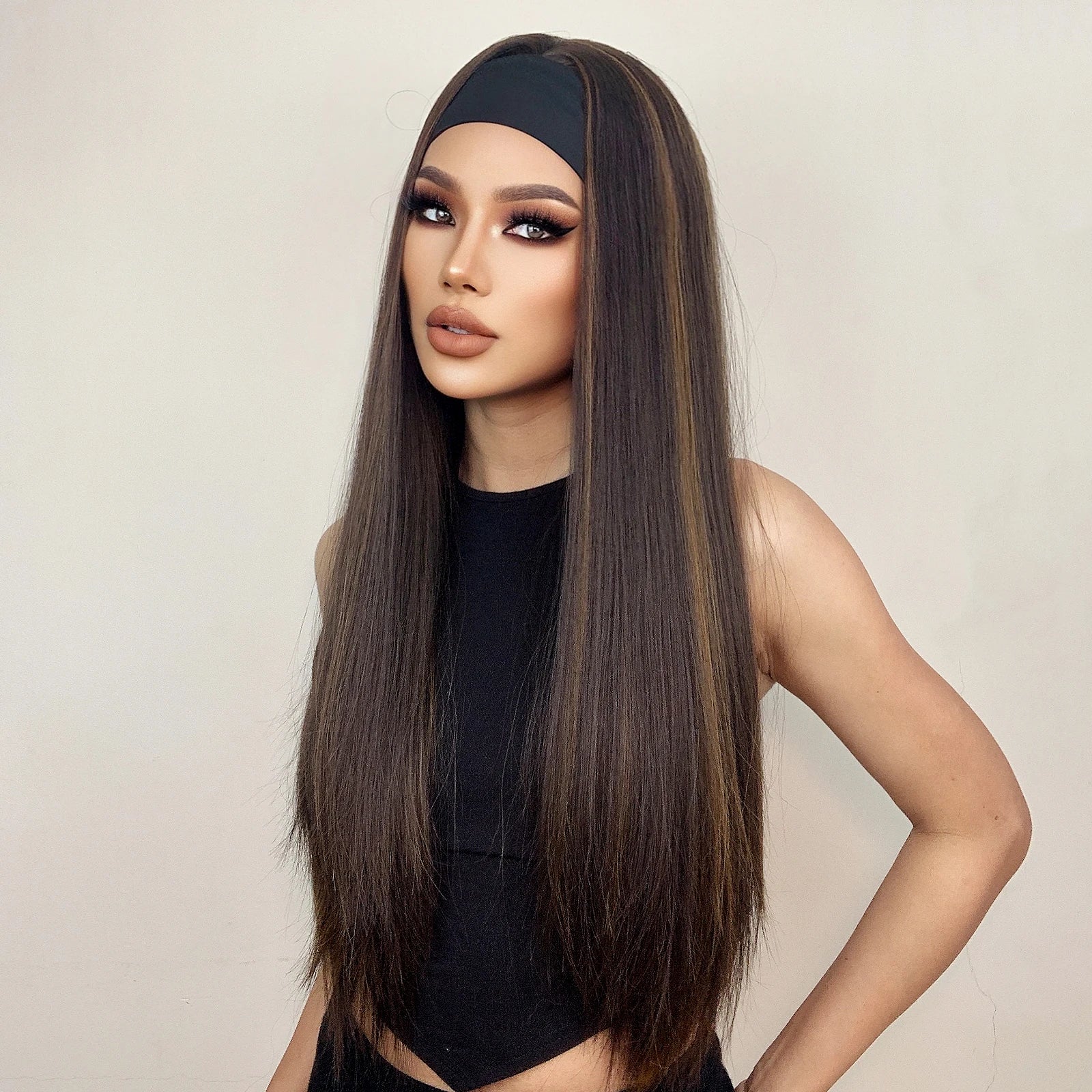 HENRY MARGU Women's Headband Wig Synthetic Hair Long Straight Brown Gloden Highlight Glueless Wigs for Black Women Machine Made