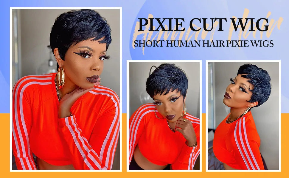 Wear and Go Wig Pixie Cut Human Hair Wigs for Black Women None Lace Front Wig Short Layered Wigs with Bangs for Daily Wear