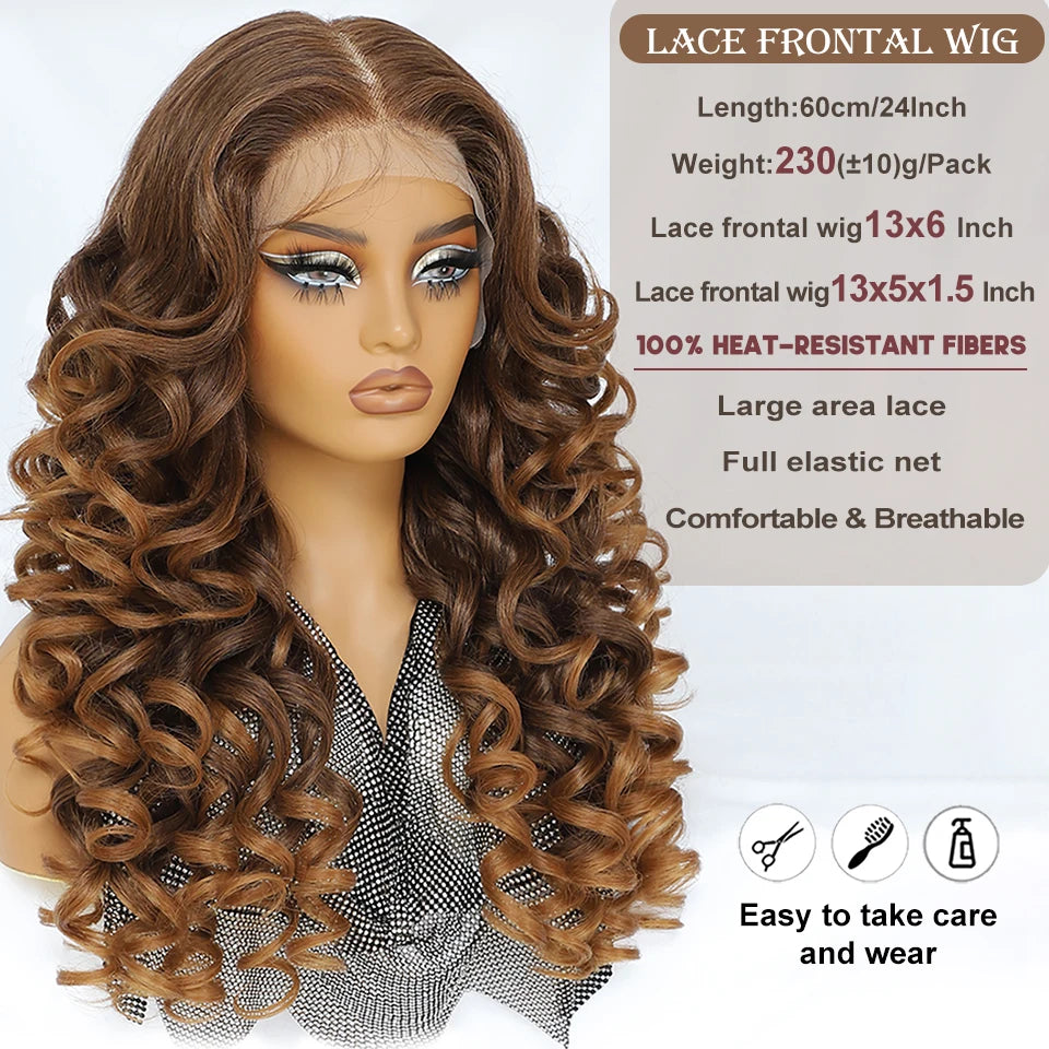 Latisha HD Synthetic Lace Front Wigs Curly Pre Plucked Lace Frontal Wig with Bangs for Women Highlight with Babyhair 24Inch