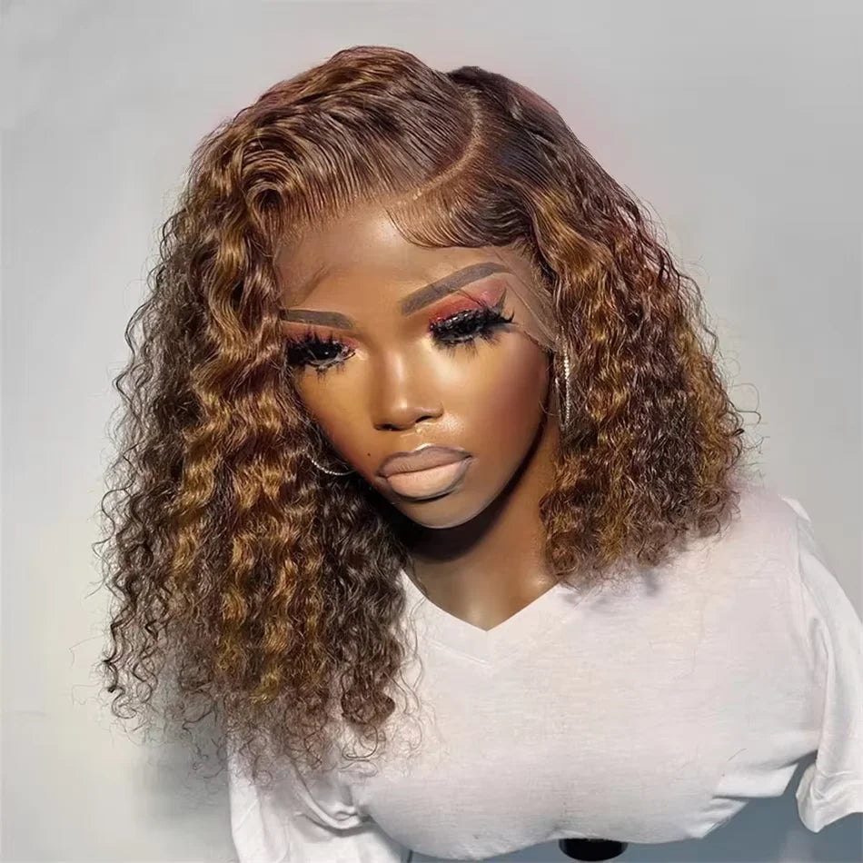 Highlight Curly Bob 13x4 Lace Frontal Wig Brazilian Ombre Brown Deep Water Wave Short Bob Lace Front Human Hair Wigs For Women