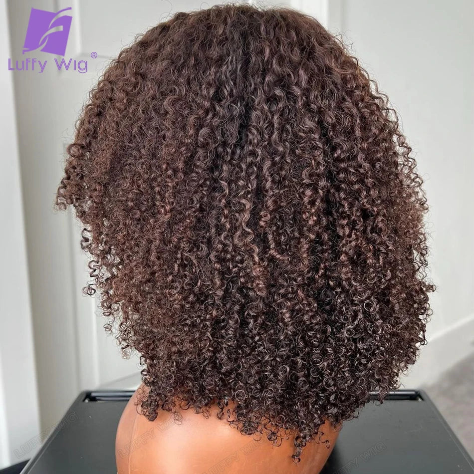 Dark Brown Human Hair Wigs Bob Afro Kinky Curly Wig with Bangs Human Hair Brazilian Full Machine Made Pu Scalp Top Wig Colored