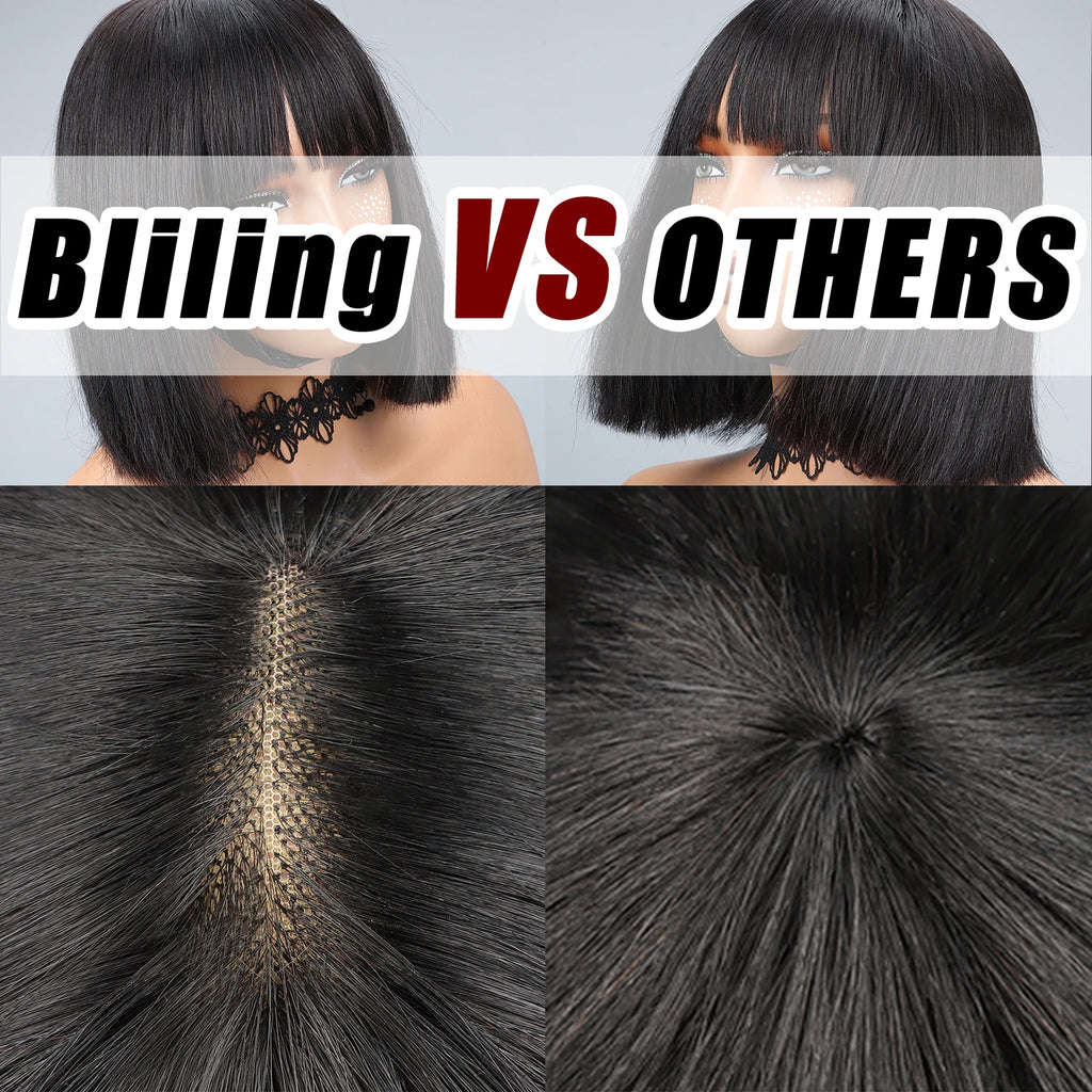 200% Human Hair Wig With Bang Natural Glueless Straight Layered Bob Hairstyle 1X13 Transparent Lace Black for Women 10 Inch