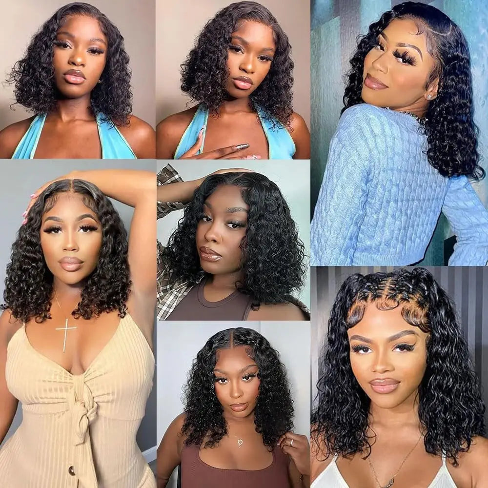 13X4 Water Wave Lace Front Wig Short Curly Bob Wig Pre Plucked 250% Density Deep Wave 100% Virgin Human Hair for Women 10 Inch
