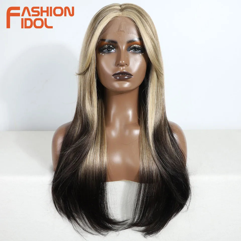 FASHION IDOL 26 Inch Long Straight Lace Front Wig With Bangs Synthetic Hair Ombre Black Blonde Highlight Cosplay Wigs For Women