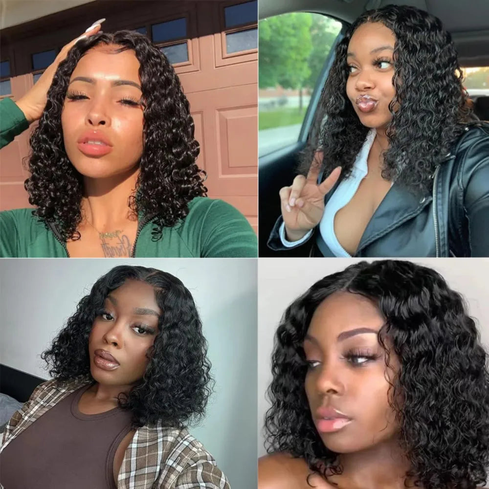 13X4 Water Wave Lace Front Wig Short Curly Bob Wig Pre Plucked 250% Density Deep Wave 100% Virgin Human Hair for Women 10 Inch