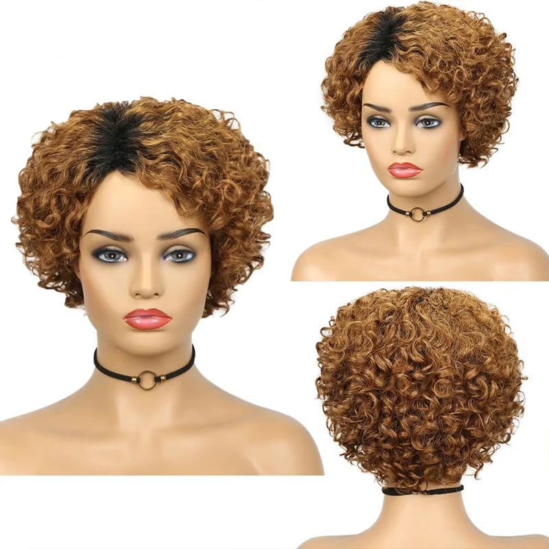 Short Curly Human Hair Wigs Afro Curly Wave Side Part Wig for Women Full Machine Made Human Hair Natural Black Blonde Wig