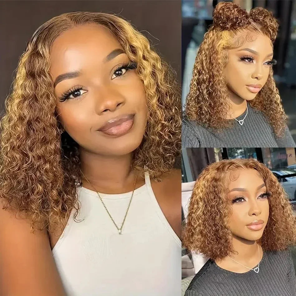 Highlight Curly Bob 13x4 Lace Frontal Wig Brazilian Ombre Brown Deep Water Wave Short Bob Lace Front Human Hair Wigs For Women