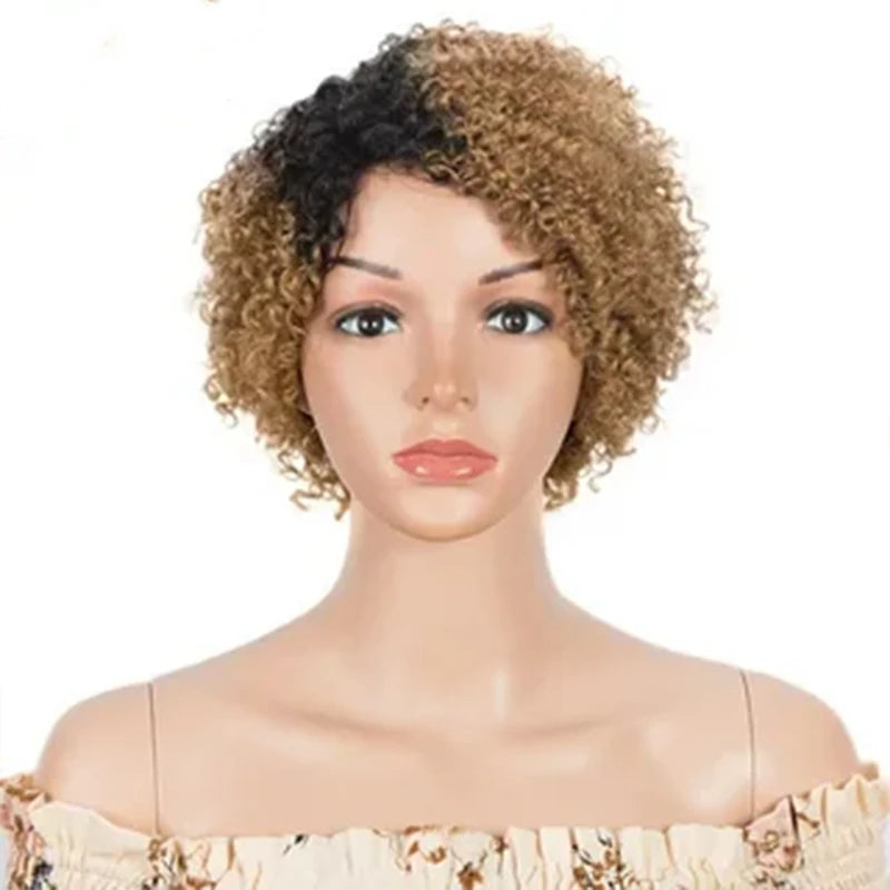 Short Curly Human Hair Wigs Afro Curly Wave Side Part Wig for Women Full Machine Made Human Hair Natural Black Blonde Wig