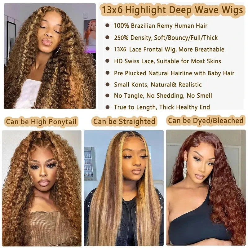 30 Inch Water Wave Highlight Wig 4/27 Ombre Human Hair 13x6 HD Lace Front 250% Density Natural Hairline Pre-Plucked Curly Wigs