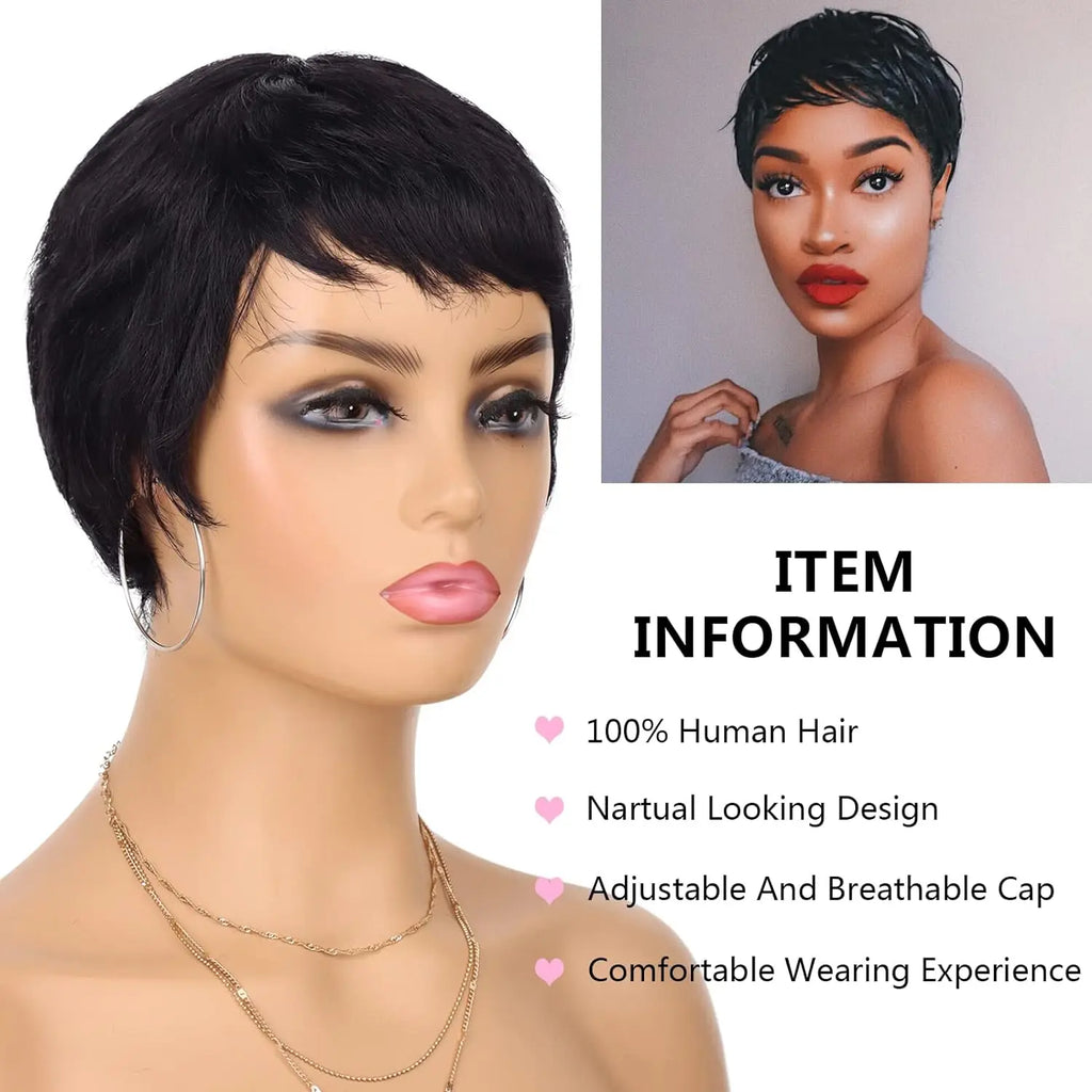Wear and Go Wig Pixie Cut Human Hair Wigs for Black Women None Lace Front Wig Short Layered Wigs with Bangs for Daily Wear