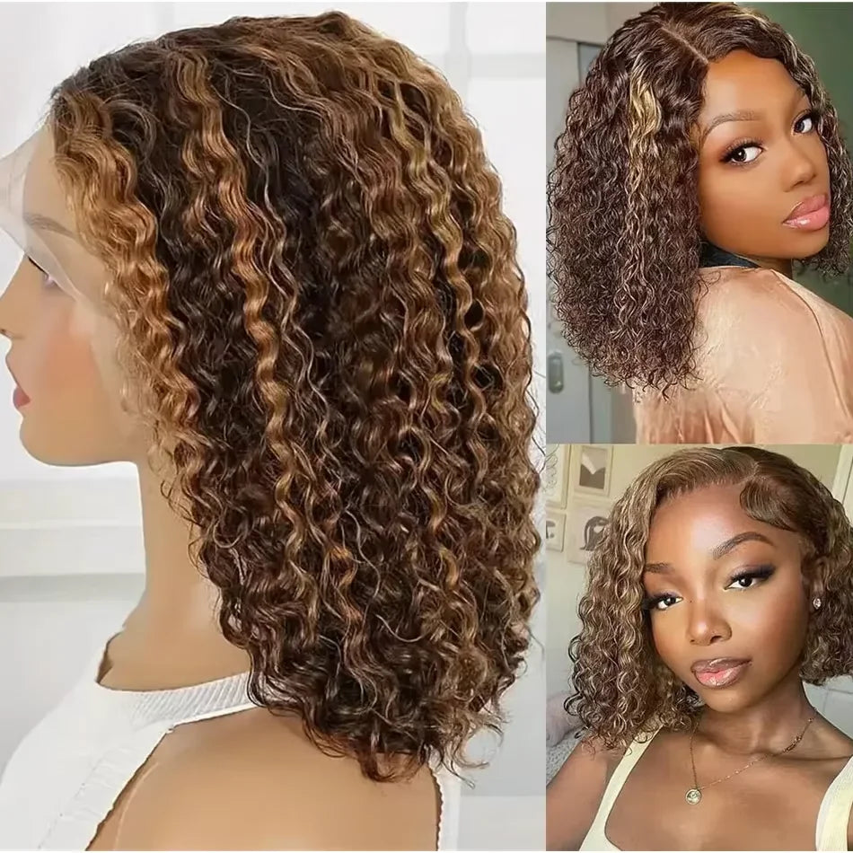 Highlight Curly Bob 13x4 Lace Frontal Wig Brazilian Ombre Brown Deep Water Wave Short Bob Lace Front Human Hair Wigs For Women