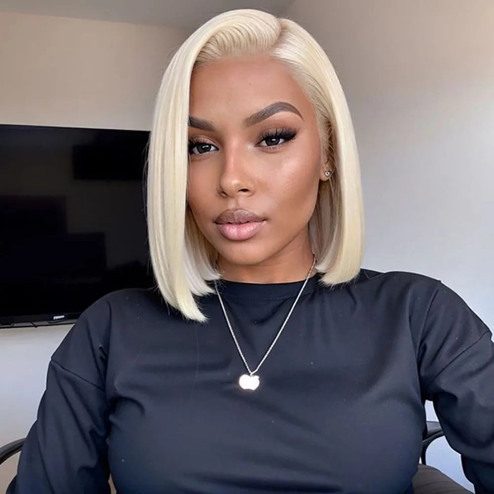 613 Blonde Short Bob Wig 13x4 HD Transparent Lace Frontal Wig Straight Hair Wig 100% Human Hair Wig 180 Density For Women