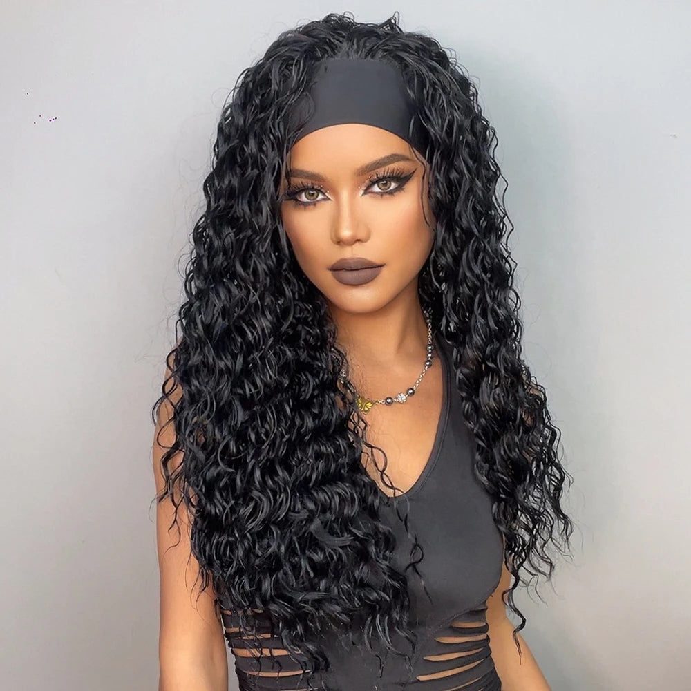 Curly Headband Synthetic Wigs Natural Black Long Women's Headband Wig Deep Water Wave Bohemian Hair For Black Women Fake Hair