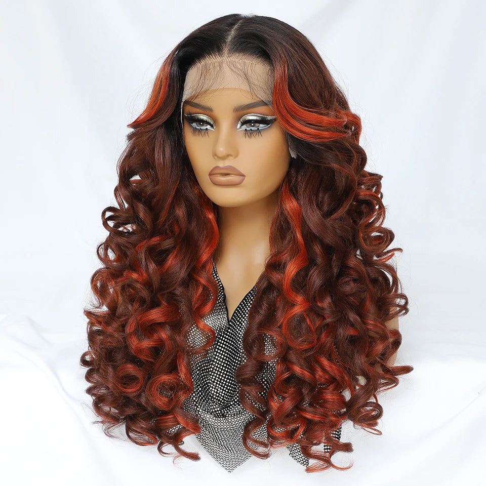 Latisha HD Synthetic Lace Front Wigs Curly Pre Plucked Lace Frontal Wig with Bangs for Women Highlight with Babyhair 24Inch