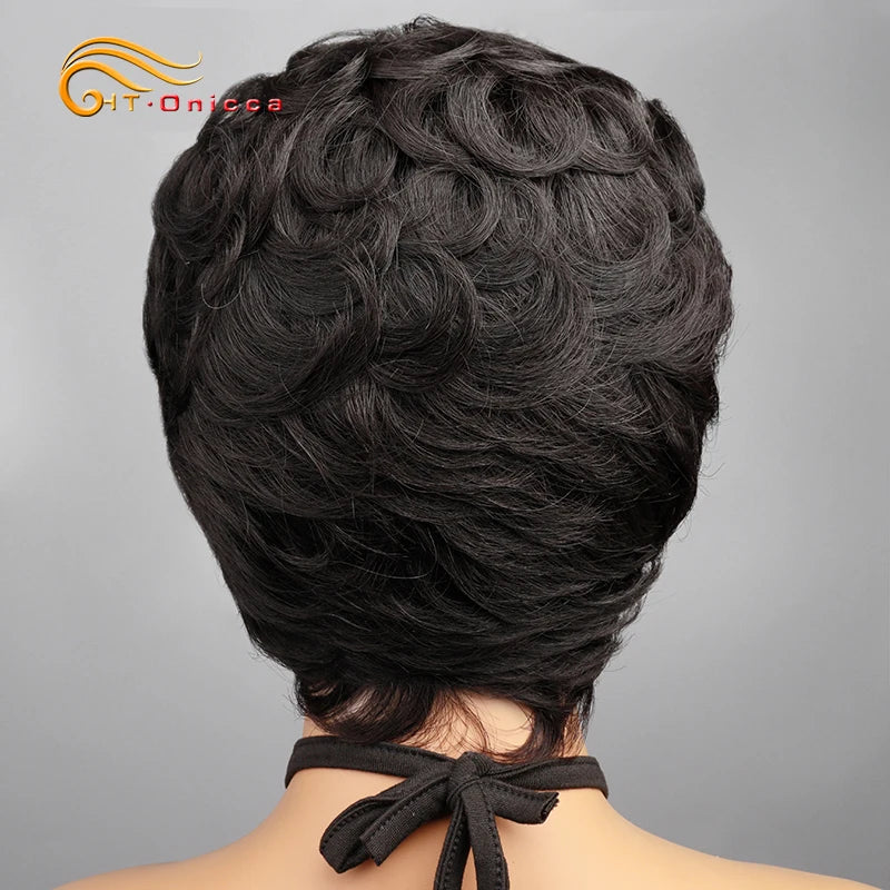 Pixie Cut Wigs 100% Human Hair Wigs Short Curly Pixie Cut Wigs For Black Women Full Machine Made Wig Pixie Curly Black 1B Color