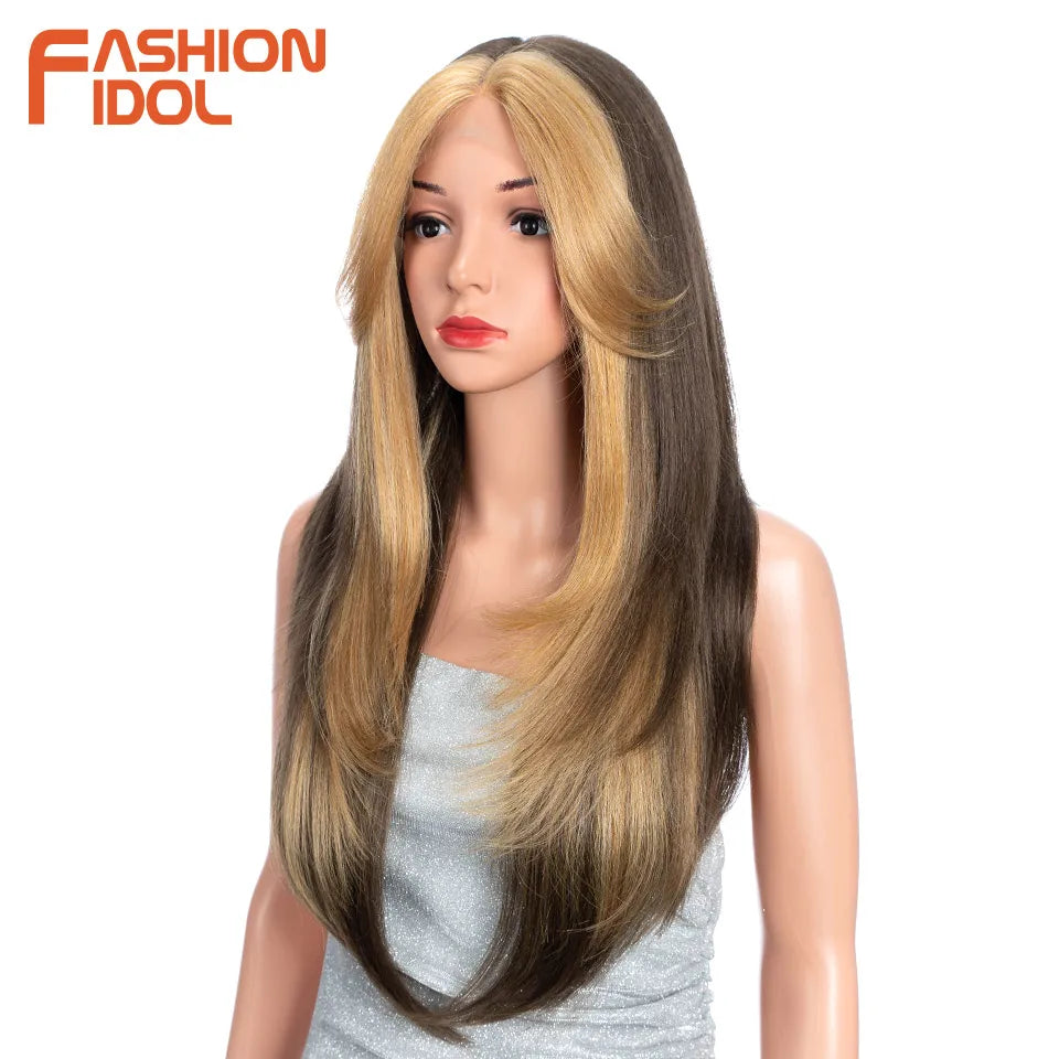 FASHION IDOL 26 Inch Long Straight Lace Front Wig With Bangs Synthetic Hair Ombre Black Blonde Highlight Cosplay Wigs For Women