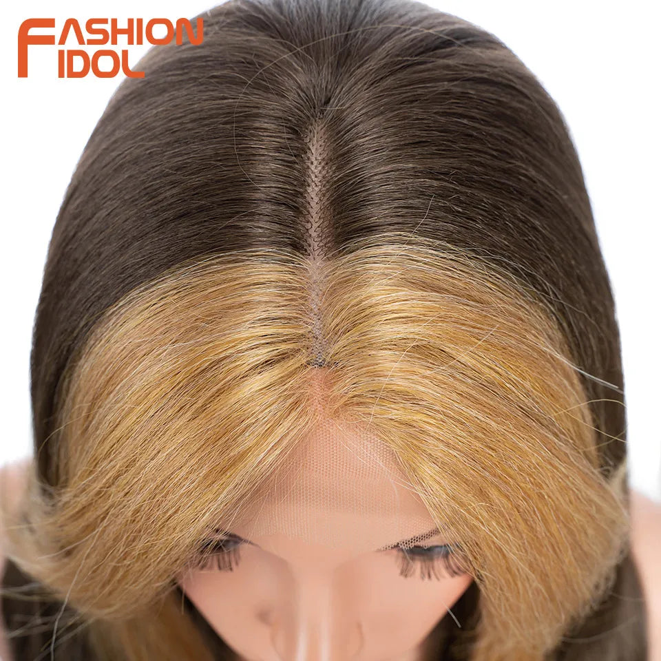 FASHION IDOL 26 Inch Long Straight Lace Front Wig With Bangs Synthetic Hair Ombre Black Blonde Highlight Cosplay Wigs For Women