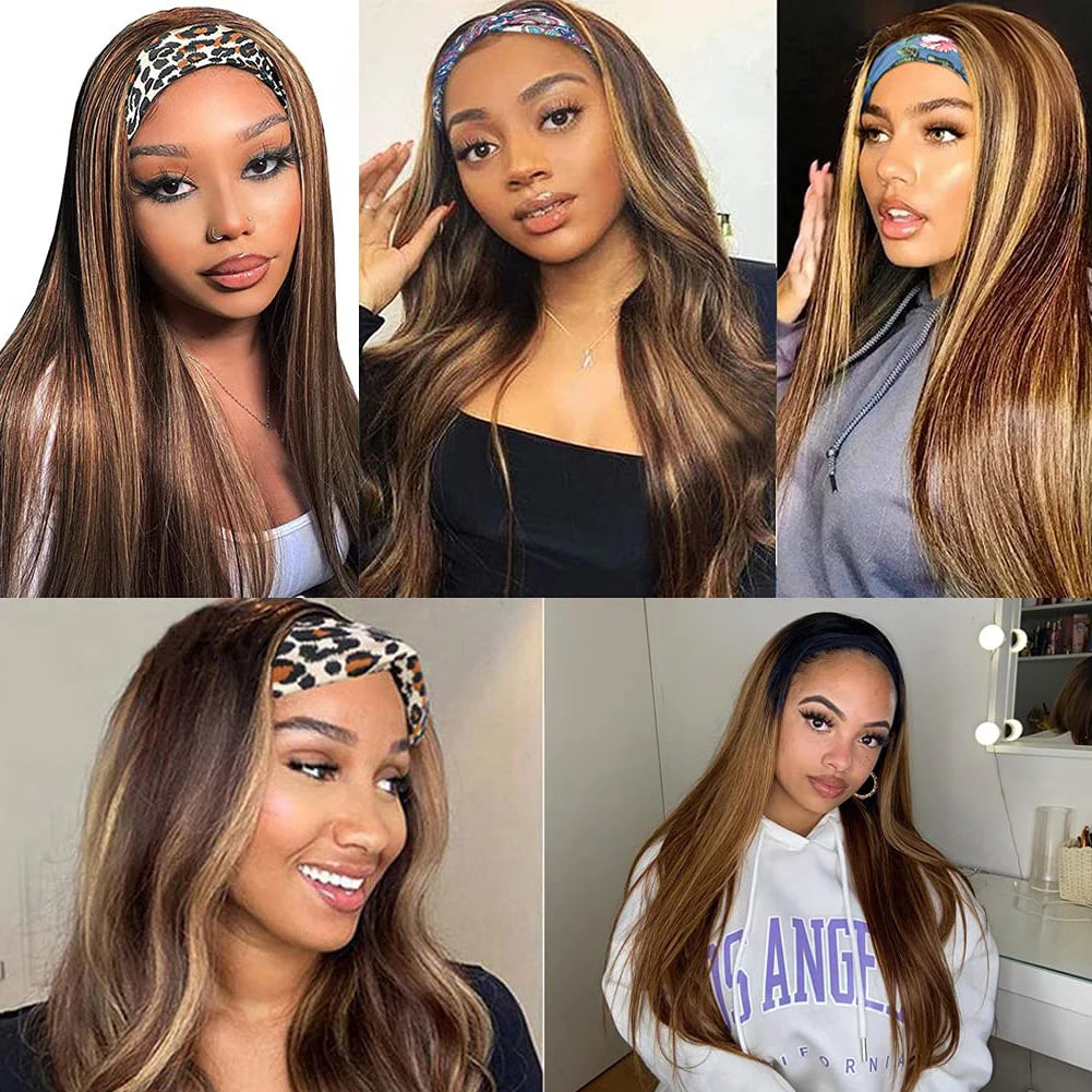 WIGNEE Long Straight Headband Wig Synthetic Wigs for Women Glueless Highlight Wig with Headband Easy to Wear Black Wig Daily Use