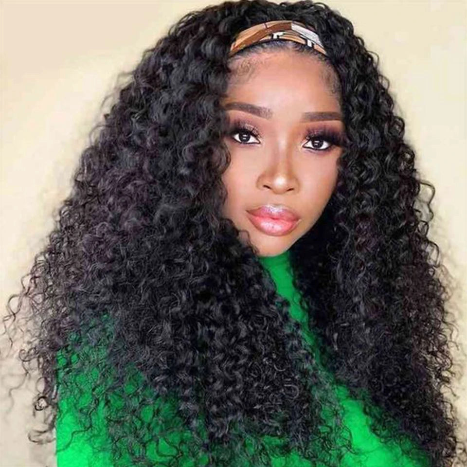 Kinky Curly Human Hair Headband Wig For Black Women 250% Density Glueless Brazilian Remy Jerry Curl Full Machine Made Hair