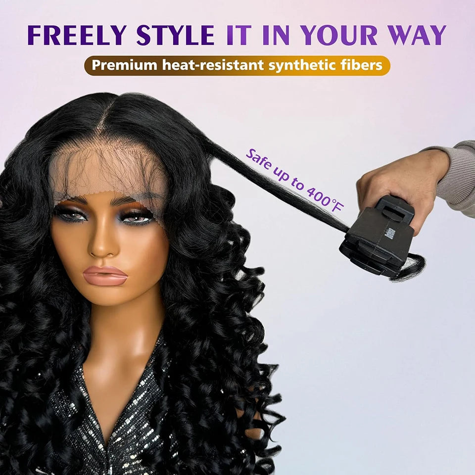 Latisha HD Synthetic Lace Front Wigs Curly Pre Plucked Lace Frontal Wig with Bangs for Women Highlight with Babyhair 24Inch