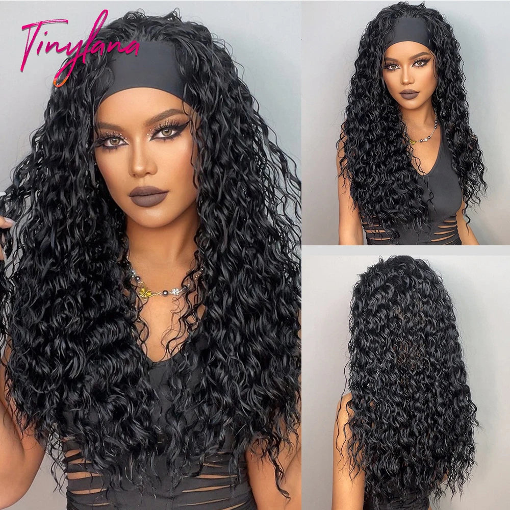 Curly Headband Synthetic Wigs Natural Black Long Women's Headband Wig Deep Water Wave Bohemian Hair For Black Women Fake Hair
