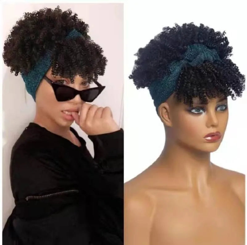 Cosplay Wig Synthetic Hair Afro Kinky Curly Wig With Bangs Headband Wig Short Wigs for Black Women Headgear