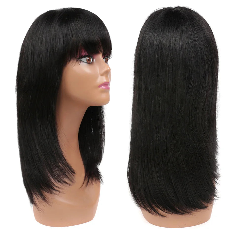 Straight Human Hair Wigs With Bangs Remy Brazilian Cute Bob Cut Human Hair Wig 100% Natural Bob Bangs Wig