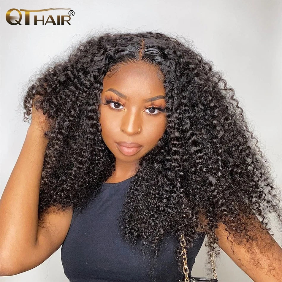 QT Brazilian 13x4 Kinky Curly Lace Front Wigs Transparent Lace Frontal Curly Wigs For Black Women Pre Plucked With Baby Hair