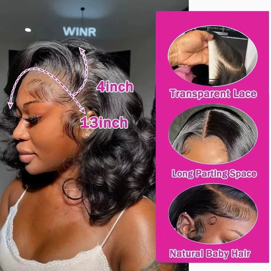 Umi 230% Glueless Human Hair Wavy 13x4 Transparent Lace Front Wigs For Women Body Wave Lace Frontal Wig Short Bob Wig Human Hair