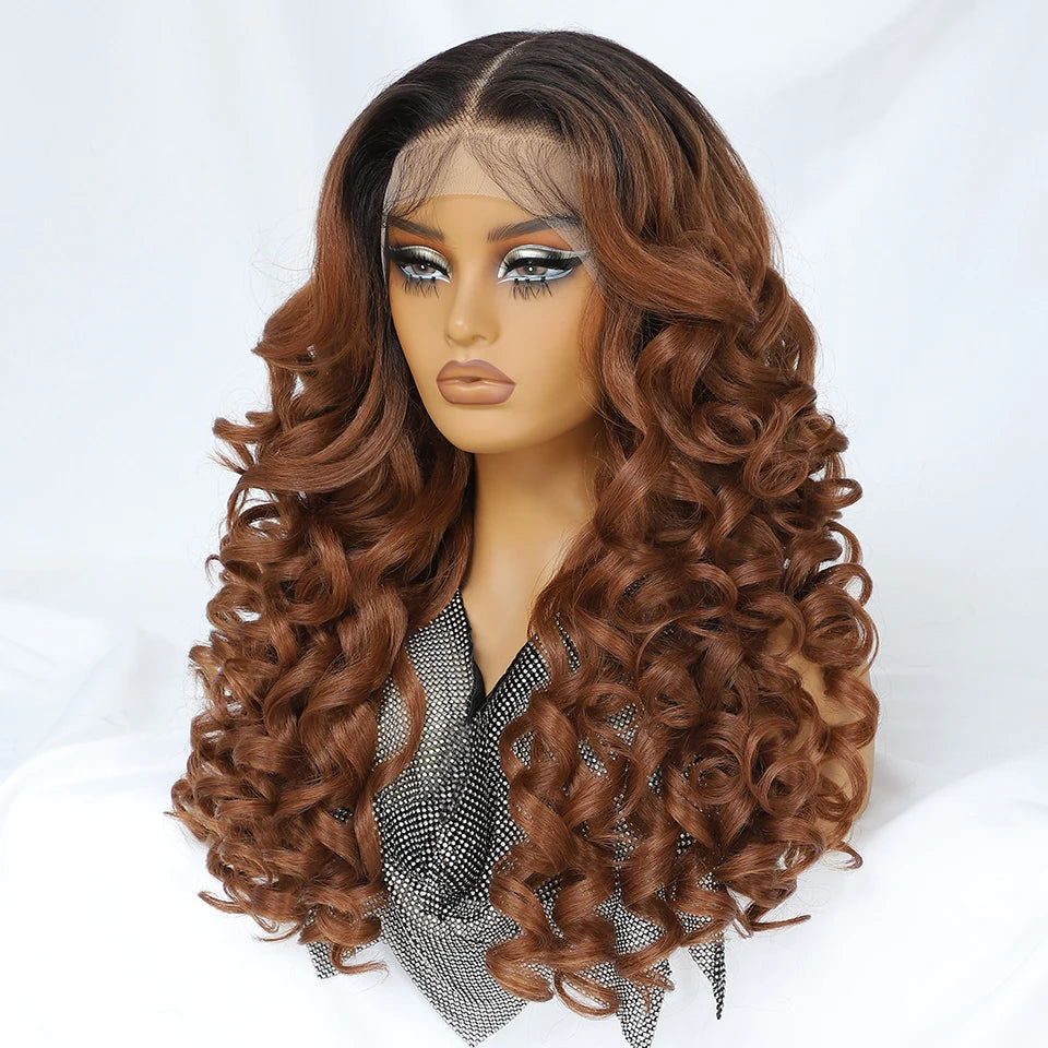 Latisha HD Synthetic Lace Front Wigs Curly Pre Plucked Lace Frontal Wig with Bangs for Women Highlight with Babyhair 24Inch