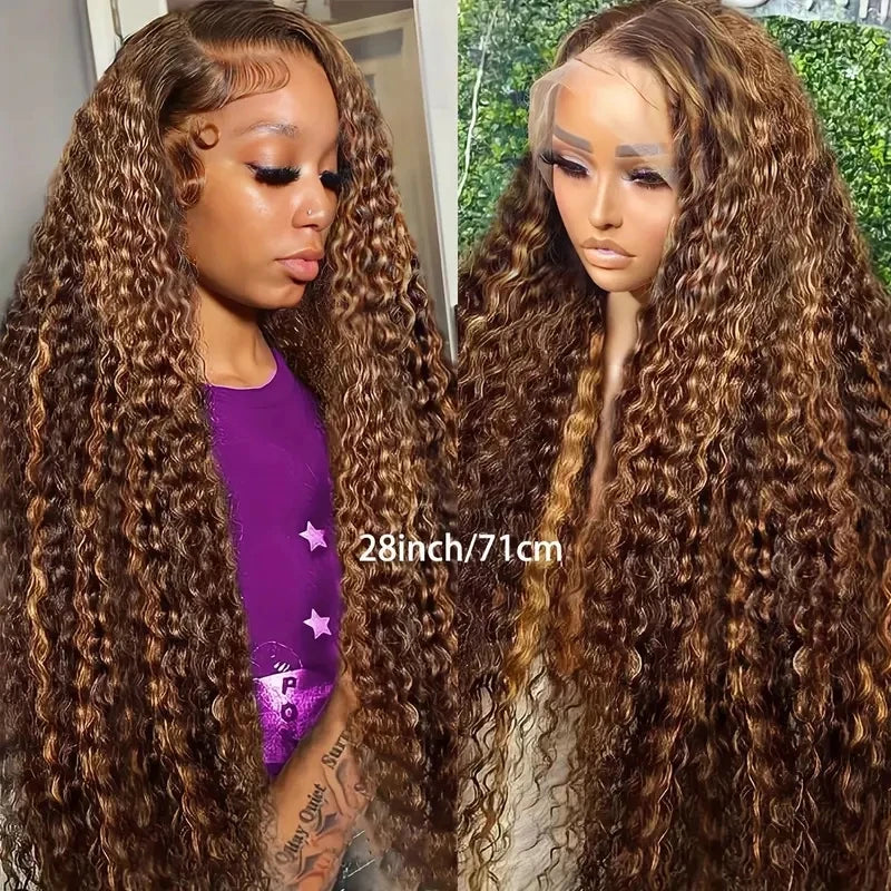 30 Inch Water Wave Highlight Wig 4/27 Ombre Human Hair 13x6 HD Lace Front 250% Density Natural Hairline Pre-Plucked Curly Wigs