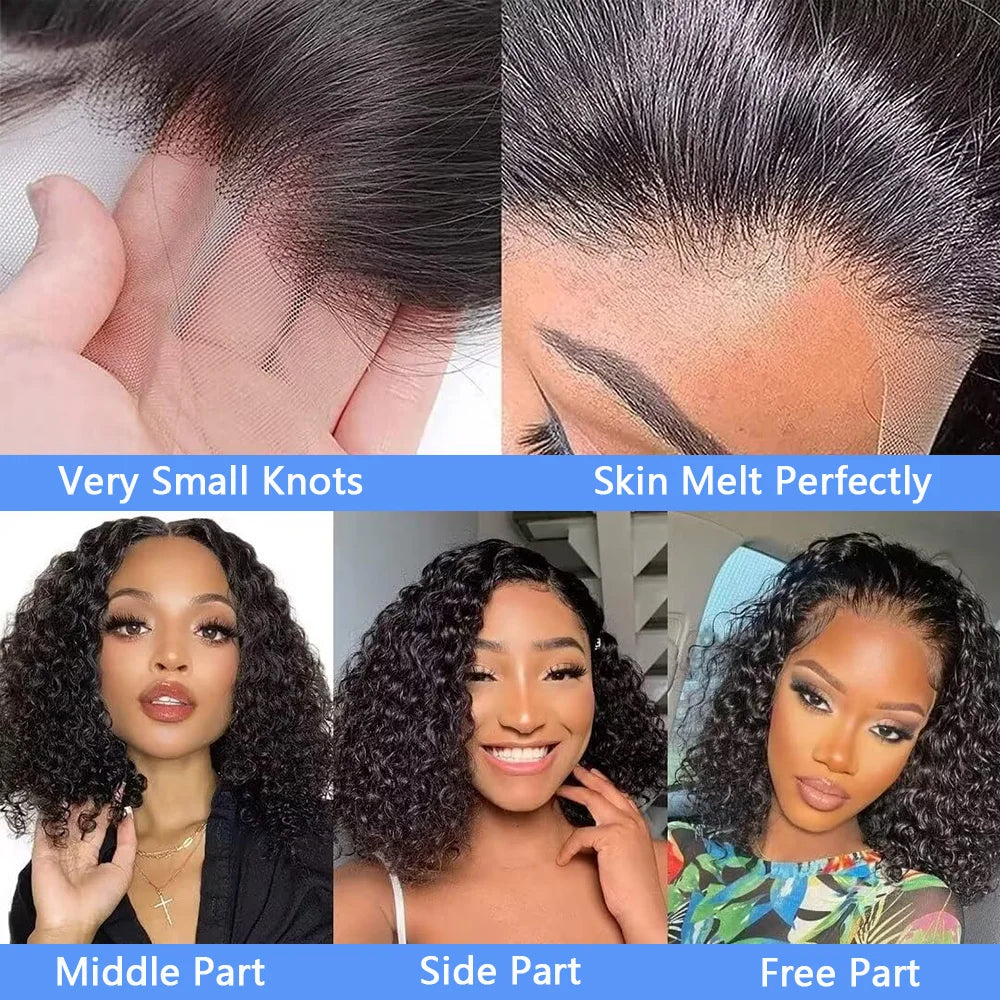 13X4 Water Wave Lace Front Wig Short Curly Bob Wig Pre Plucked 250% Density Deep Wave 100% Virgin Human Hair for Women 10 Inch