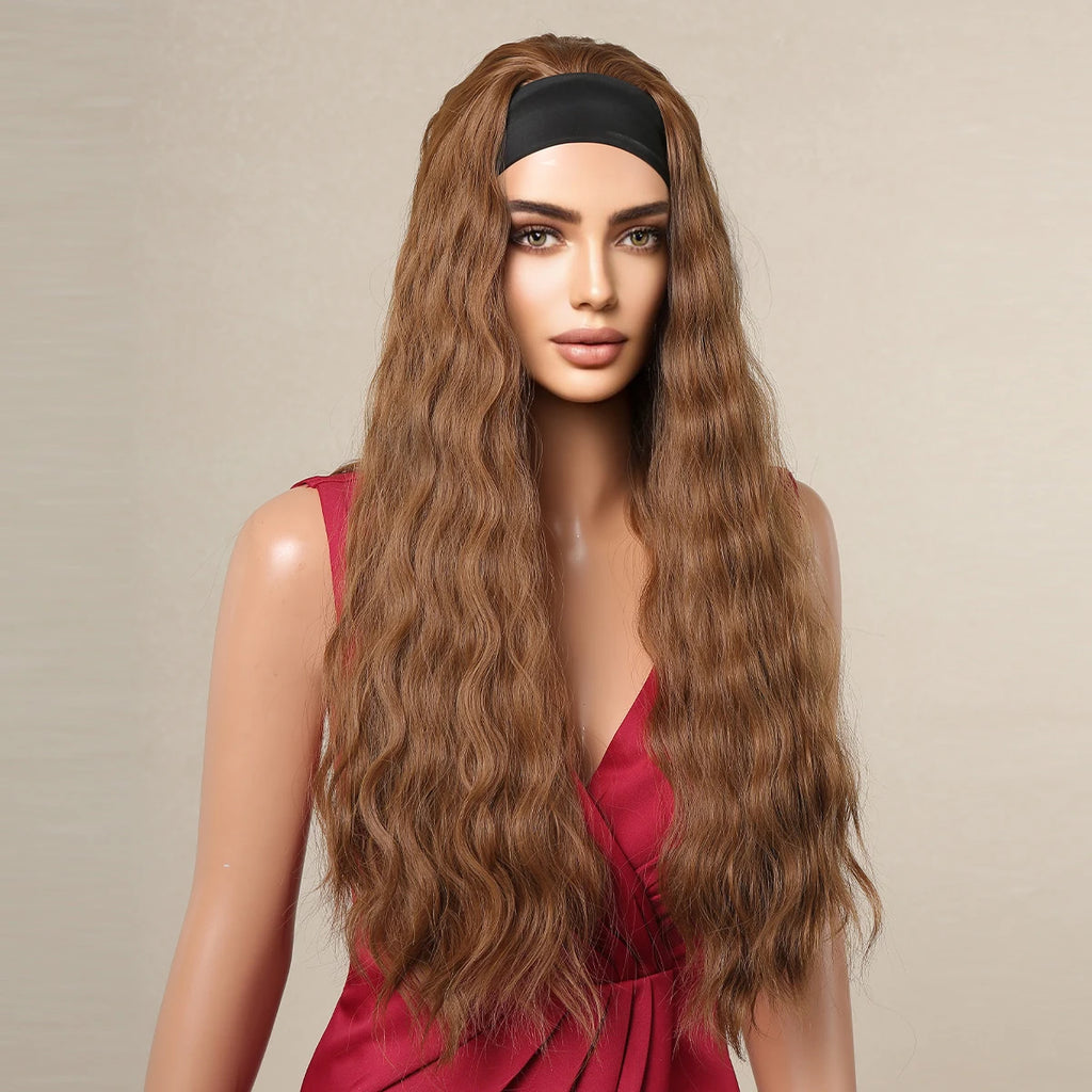 Brown Headband Synthetic Wig Long Curly Wavy Wig Natural Looking Daily Hair for Women Party Cosplay Use High Temperature Fiber