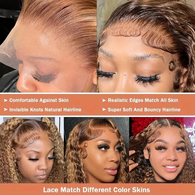 30 Inch Water Wave Highlight Wig 4/27 Ombre Human Hair 13x6 HD Lace Front 250% Density Natural Hairline Pre-Plucked Curly Wigs